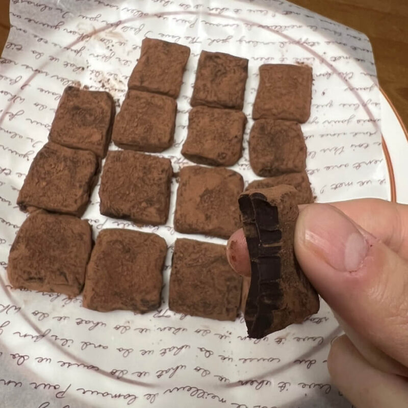 A cross-section of the finished pavé chocolate with a bite of the door to make it look fancy