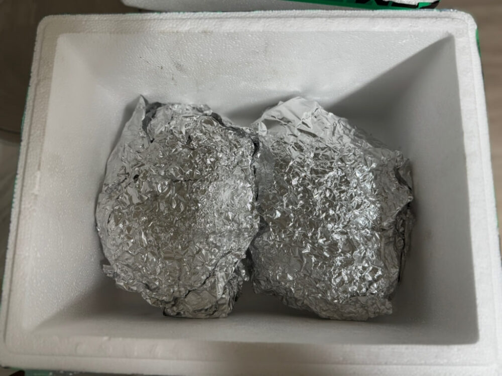ホイルで包んだプルドポークをアイスボックスに入れた様子