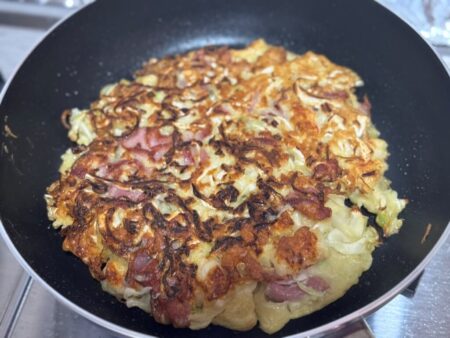 Okonomiyaki seared to a golden brown