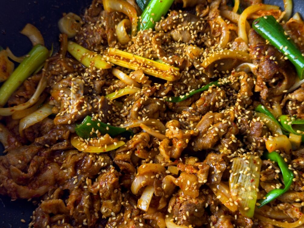 A close-up of the finished stir-fry recipe.